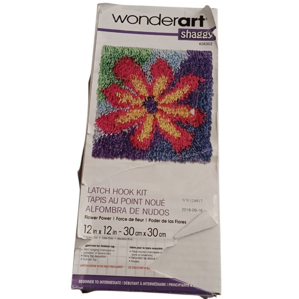 Wonderart Latch Hook Kit Shaggy Bright Colors Flower Power Retro WW124817 12x12"